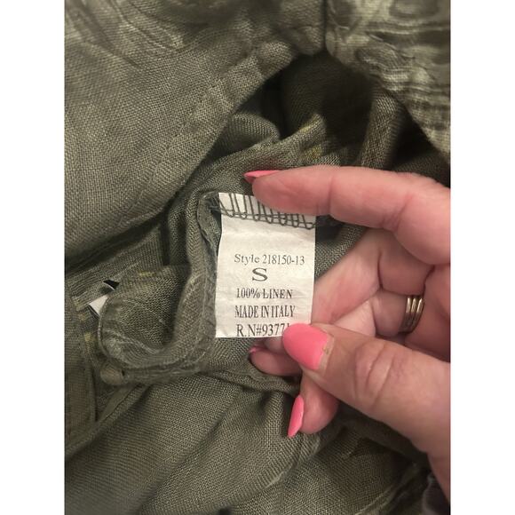 Women’s Small 100% Linen Olive Print Wide Jumpsuit Shoulder Bows Boho Lagenlook - Picture 14 of 16